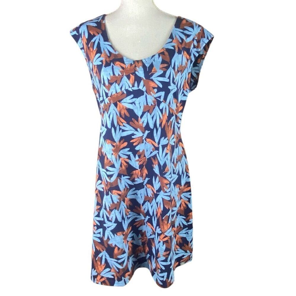 L.L. Bean Womens Navy Blue Leaves Print A-Line Beech Point Dress Size Medium